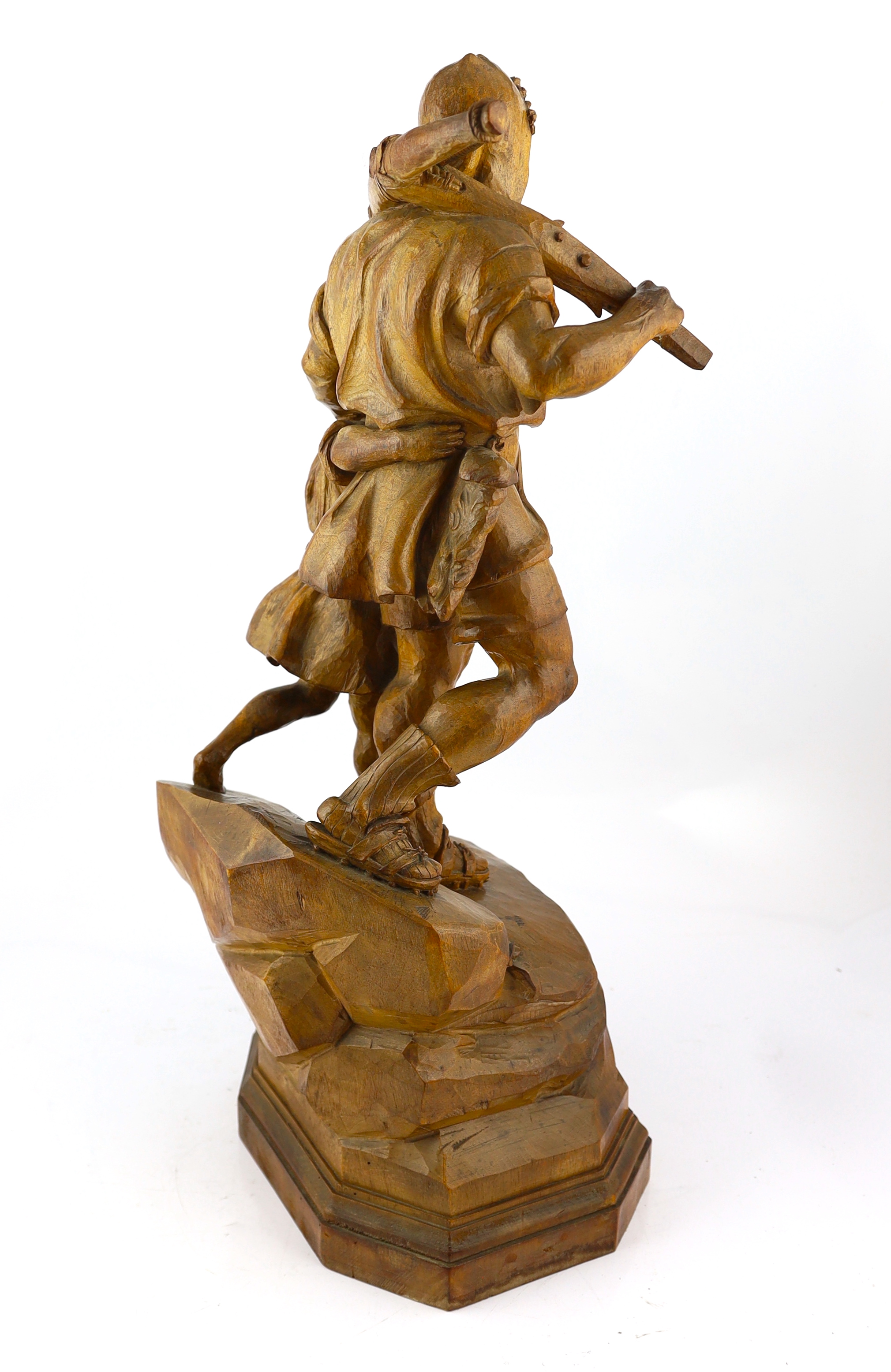 Jacob Abplanalp of Grindelwald, a carved group of William Tell and his son, 30cm high, 26cm deep, 71cm high